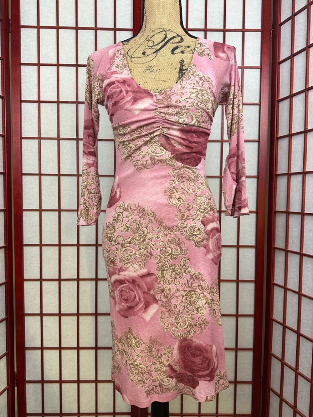 Y2K Romantic Pink 3/4 Sleeve Bodycon Floral Midi Date Night Cocktail Dress